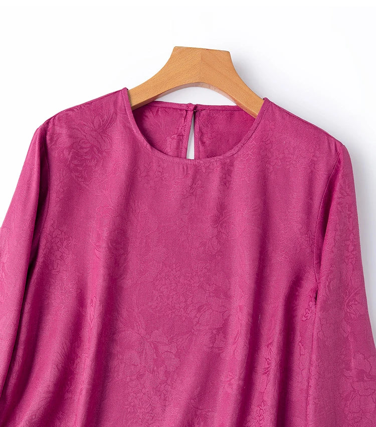 70% Mulberry Silk Cotton Jacquard Blouse – Women’s Hot Pink Long Sleeve Pullover Top