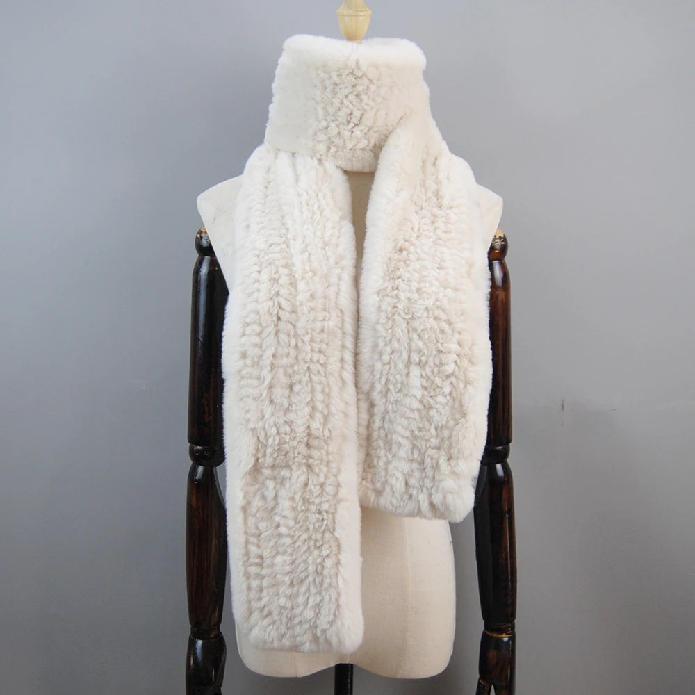 Long Style Genuine Rex Rabbit Fur Scarf– Women's Winter Knitted Ring Scarf & Luxury Muffler