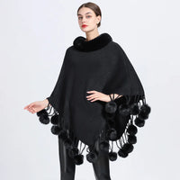 Women's Asymmetric Poncho Scarf with Fur Ball Decoration - HER SHOP