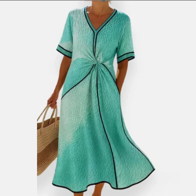 Elegant Striped Print V-Neck Maxi Dress – Short Sleeve Boho Casual Summer Beach A-Line
