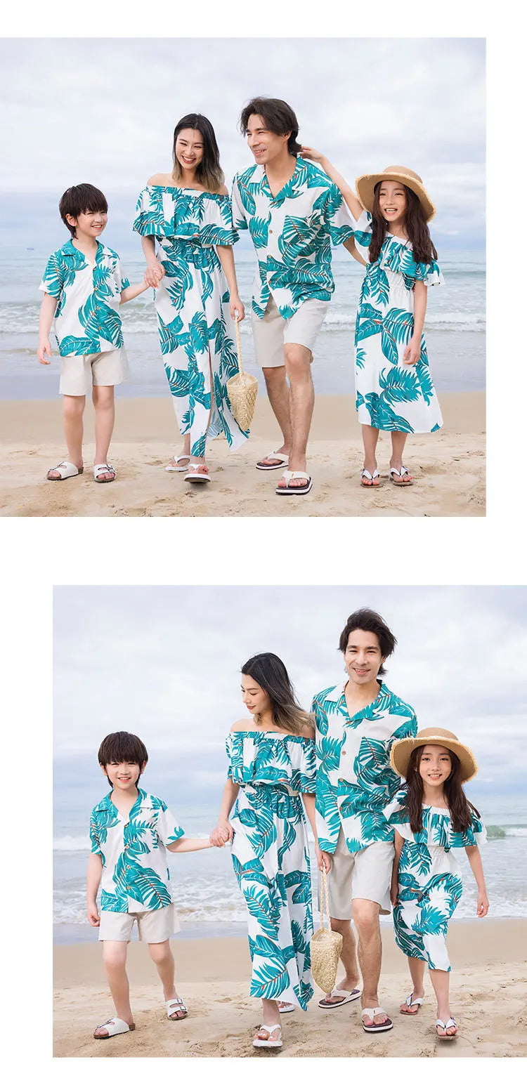 Beach Ware Clothes for Family Shirts Set Vacation Long Mother and Daughter Blue Dress for The Sea Resorts Look Father Son Outfit