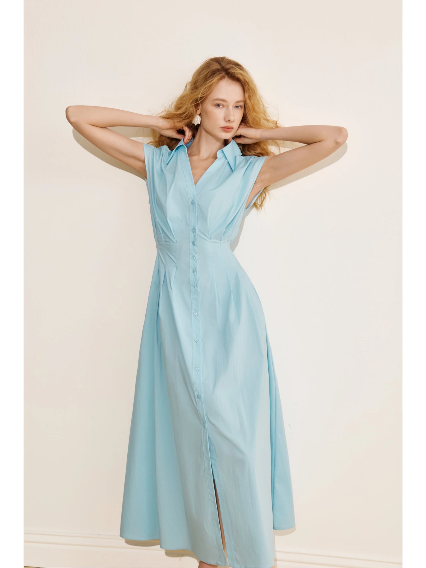 Women’s Light Blue Collared Midi Dress – Button-Front Fit-and-Flare Short Sleeve Dress