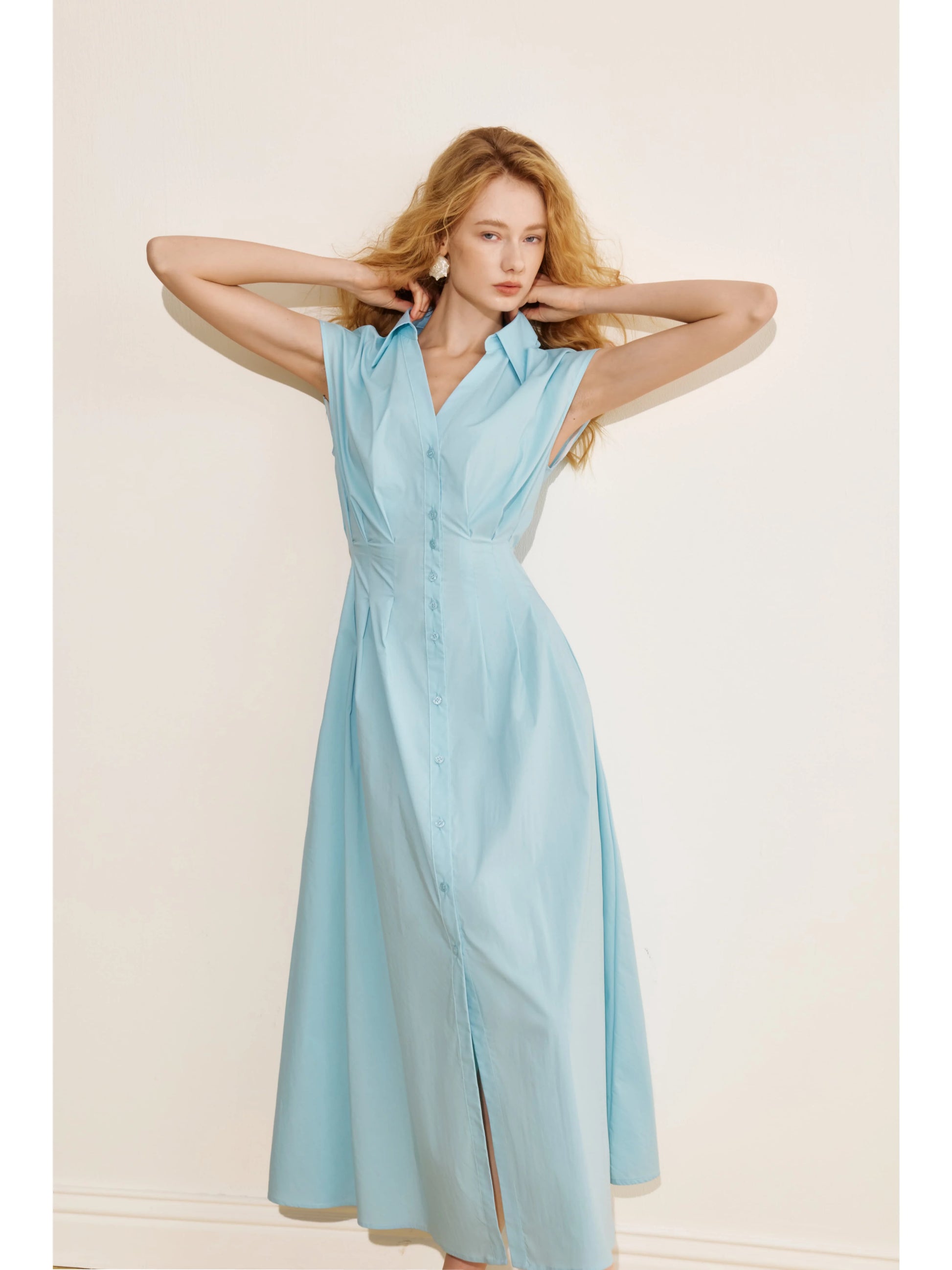 Women’s Light Blue Collared Midi Dress – Button-Front Fit-and-Flare Short Sleeve Dress