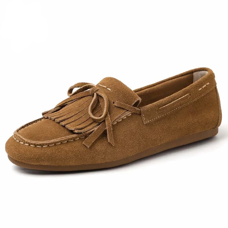 Women's Genuine Leather Flats – Vintage Suede Loafers, Casual British Style, Trendy Single Shoes