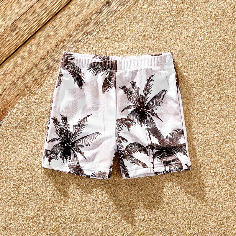 Family Matching Beach Outfits: Coconut Tree Print Swimwear – One-piece Swimsuit & Swim Trunks