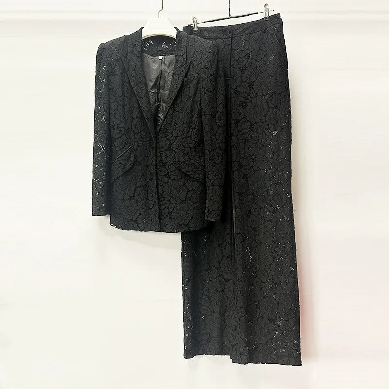 High Quality Lady Office Causal Suit Notched Long Sleeve Single Button Blazer Pencil Pants Women Solid Lace 2pcs