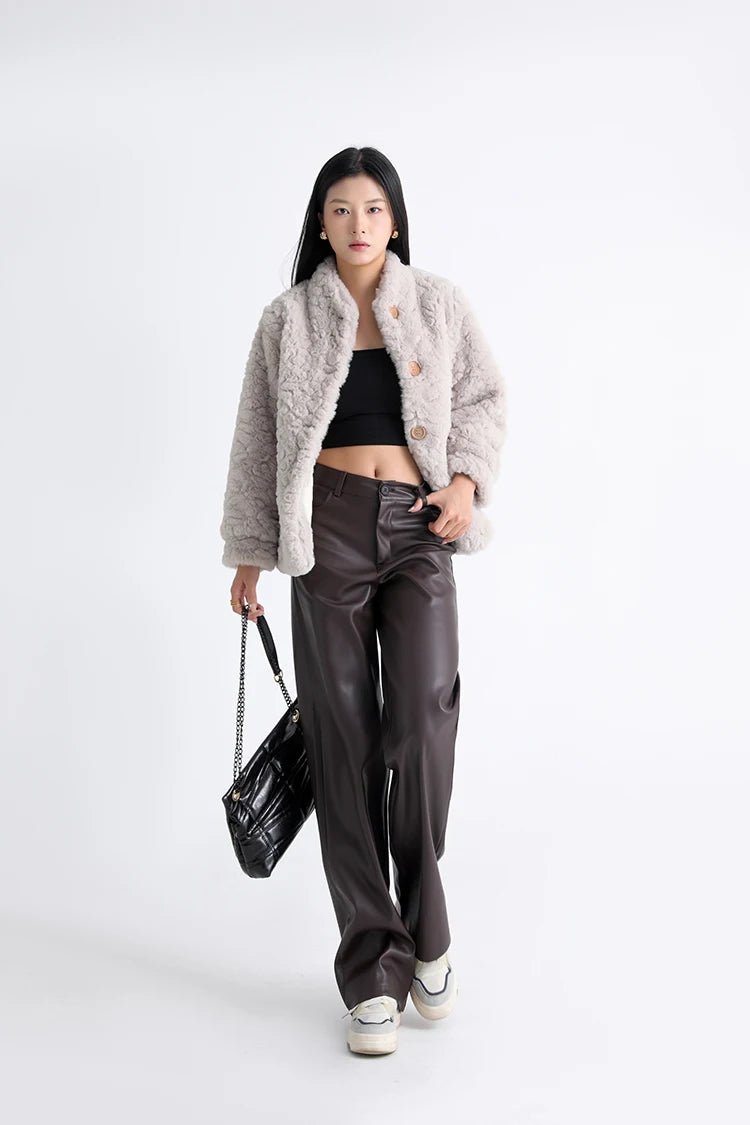Fall Winter Fleece Loose Wide Leg Warm Leather Pants Women Button Pocket High Waist Thick PU Casual Straight Pants