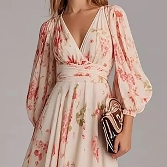 Spring Women V Nec Floral Print Long Sleeve Party Dress Ladies Commute A-Line Pullover Pleated Dress Vestidos Bohemian Dress - HER SHOP