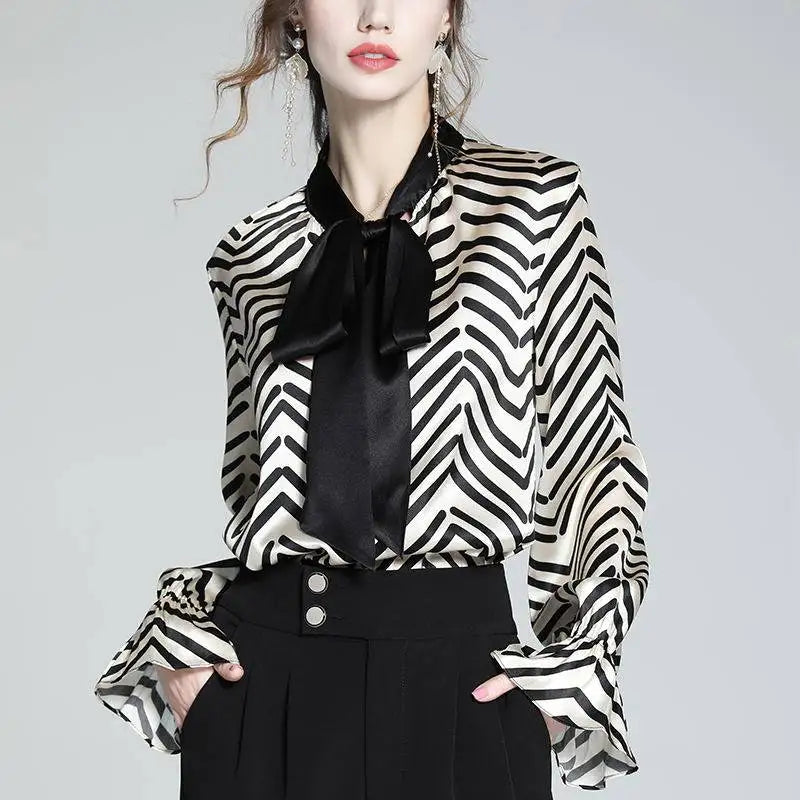 95% Mulberry Silk Striped Blouse – Women’s Elegant Pullover Shirt