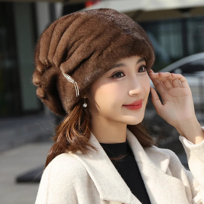 Whole Real Mink Fur Hat For Women's Caps Luxury Fashion Brand Real Fur Cap Christmas Hat Warm In Russian Winter Lady Fur Hat