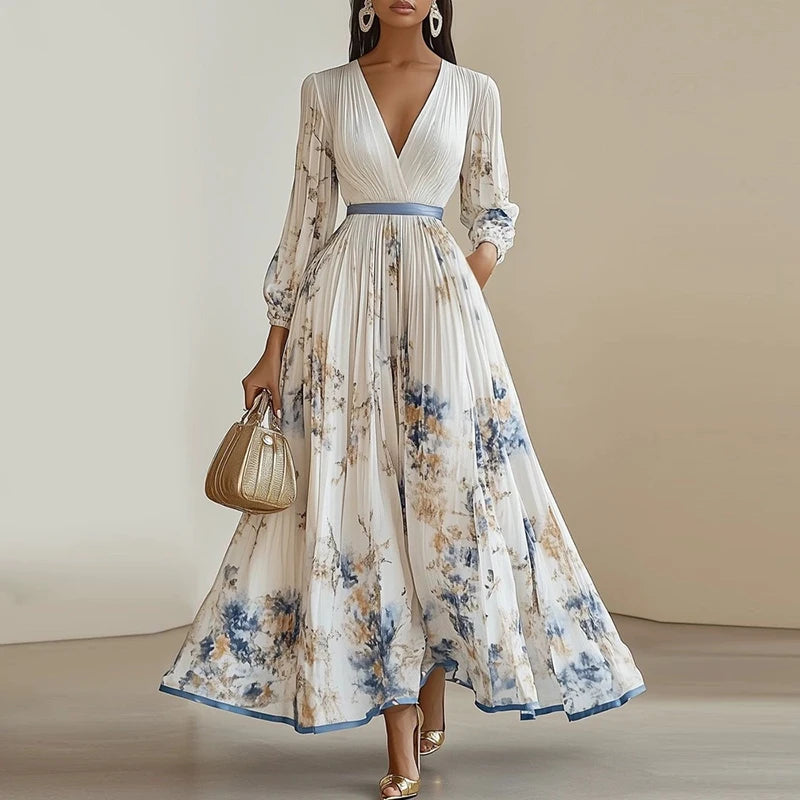 Spring Long-sleeved High Waist Pleated Dress Robes for Woman Sexy V Neck Hollow Long Party Dress Fashion Floral Print Maxi Dress