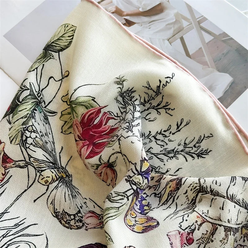 Winter Soft Scarf Double-Faced Printed Shawls Silk Wool Hand-rolled Edge Scarves Square Large Bandanas Shawls Christmas Gift