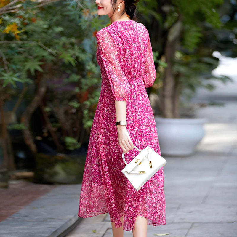 Women’s 100% Real Silk Vintage Floral V-Neck Midi Dress