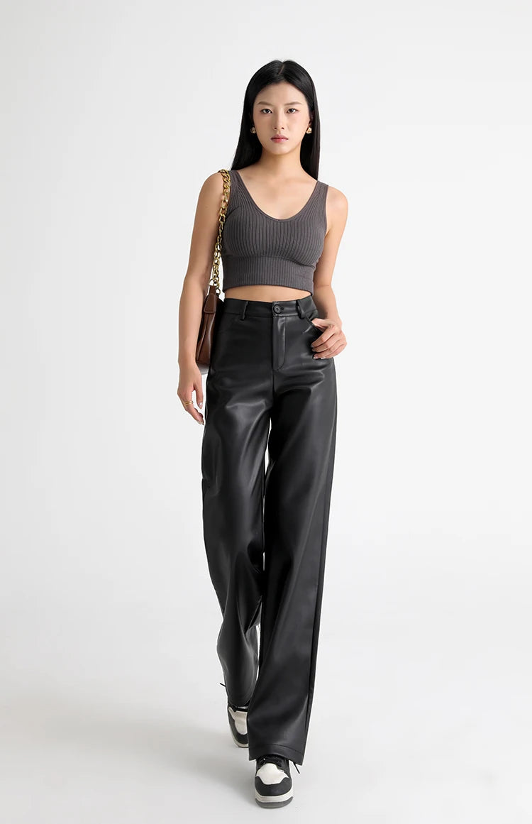 Fall Winter Fleece Loose Wide Leg Warm Leather Pants Women Button Pocket High Waist Thick PU Casual Straight Pants