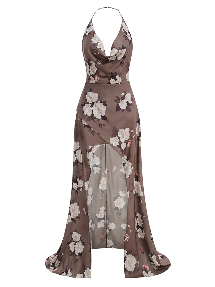 Halter Neck Printed Backless Asymmetrical Party Dress