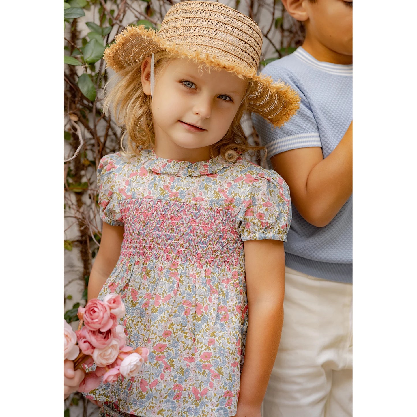 Chelsea Bloom Collection – Floral Smocked Baby Girl Overalls Set with Embroidery, Family Matching Outfit