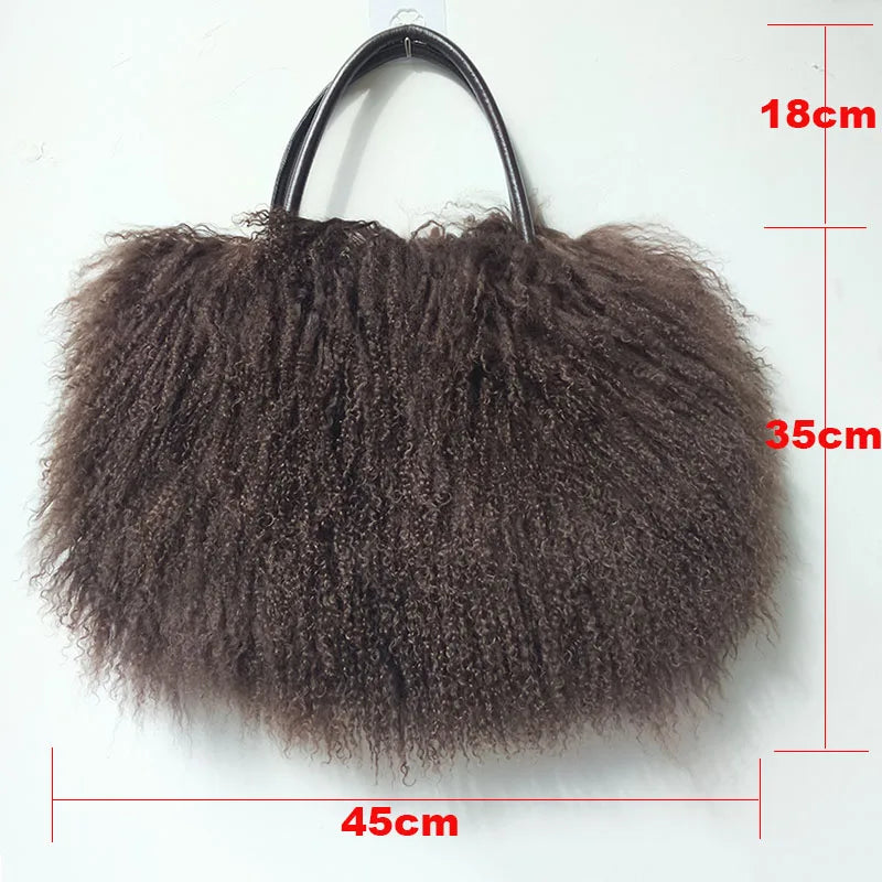 Winter Real Mongolia Lamb Fur Handbag Women Casual Tibet Long Hair Natural Fur Shoulder Bag Genuine Tote Bags Femme