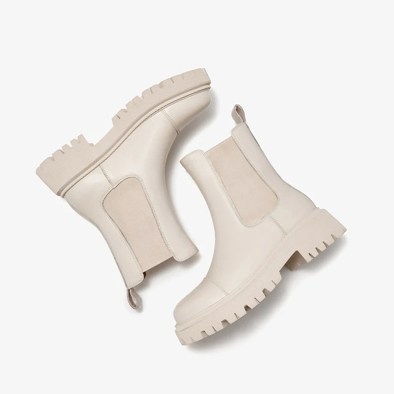 Women’s Genuine Cow Leather Ankle Boots – White Round Toe Platform Boots with Stitching Design