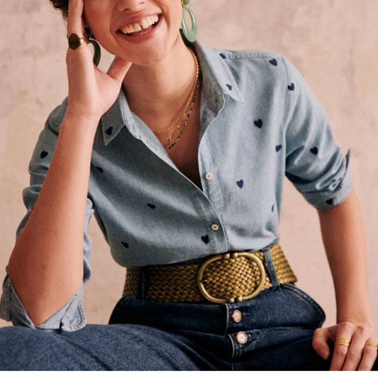 Women's Heart Embroidery Blouse - Turn-Down Collar, Single-Breasted, Fresh Long Sleeve Denim Shirt for Valentine's Day - HER SHOP