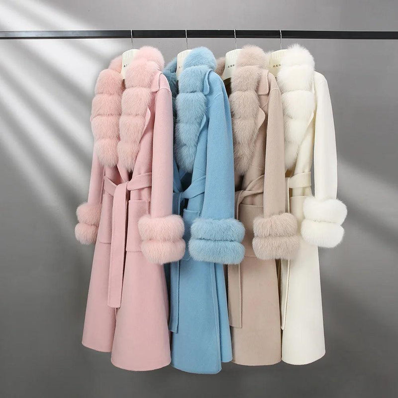 Women's Luxury Long Wool Coat with Detachable Fox Fur Collar – Winter & Autumn Trench Outerwear