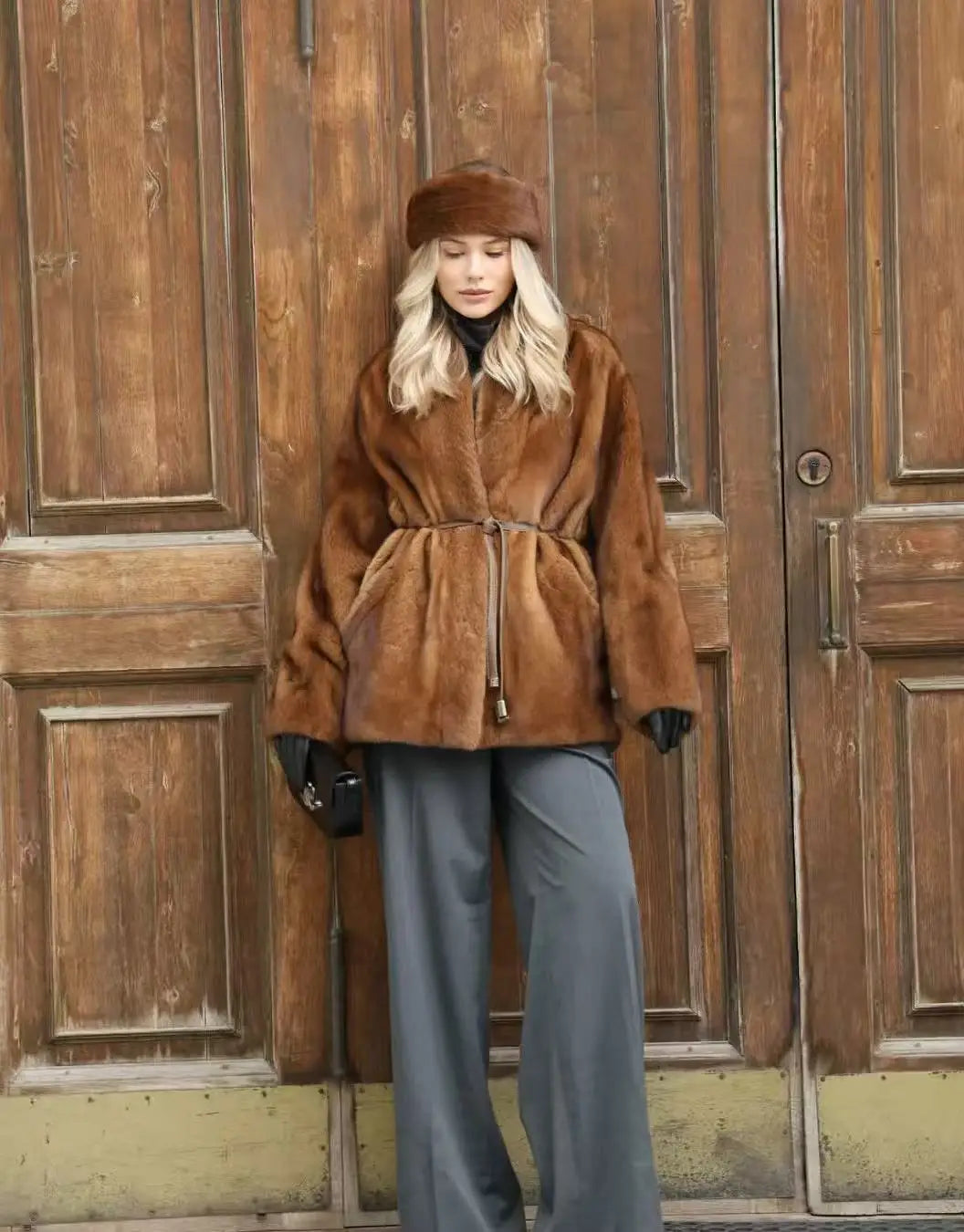 Women’s Minimalist Eco Faux Mink Shearling Coat with Tie Belt – Luxury V-Neck Winter Designer Outerwear