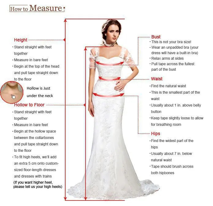 Measurement guide for a wedding dress with a model wearing it.