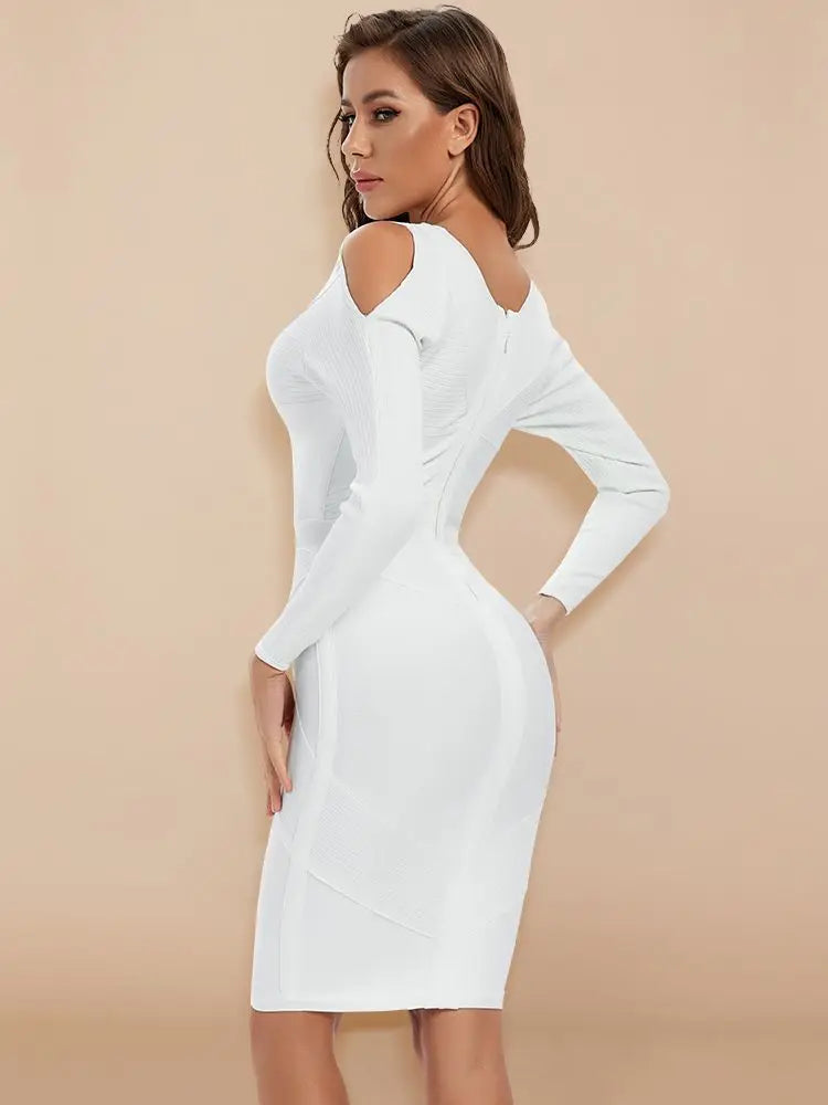 White Long Sleeve Hollow-Out Bandage Bodycon Dress – Sexy V-Neck Runway Party Club Dress