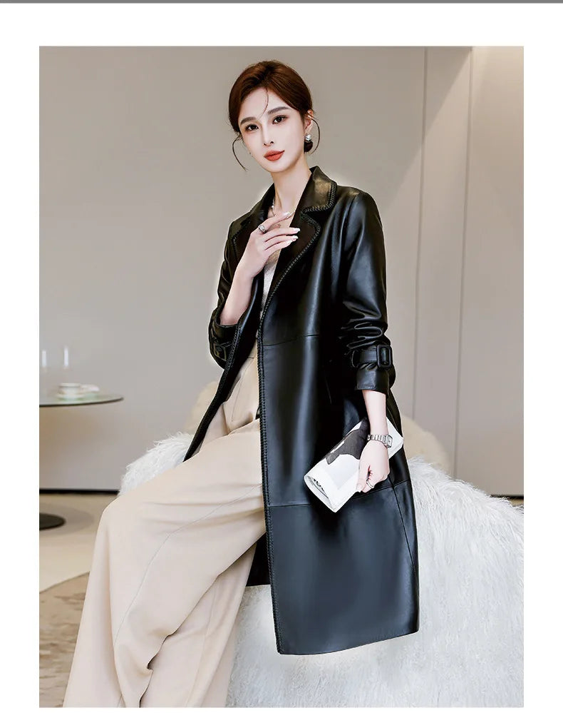 Women's Genuine Leather Trench Coat Lace-Up Long Slim Fit Spring Autumn Sheepskin Top