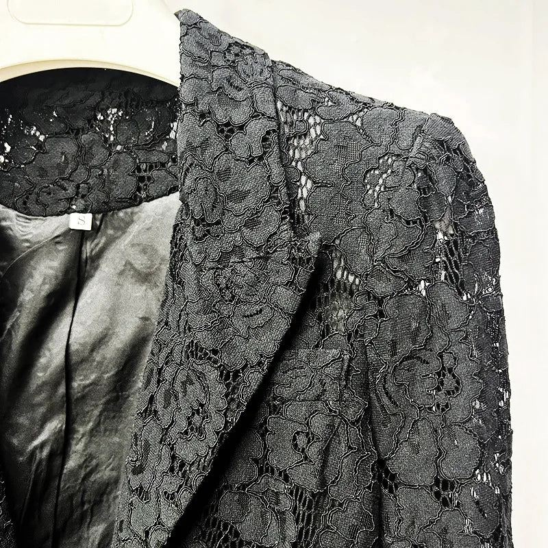 High Quality Lady Office Causal Suit Notched Long Sleeve Single Button Blazer Pencil Pants Women Solid Lace 2pcs