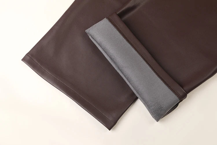Fall Winter Fleece Loose Wide Leg Warm Leather Pants Women Button Pocket High Waist Thick PU Casual Straight Pants