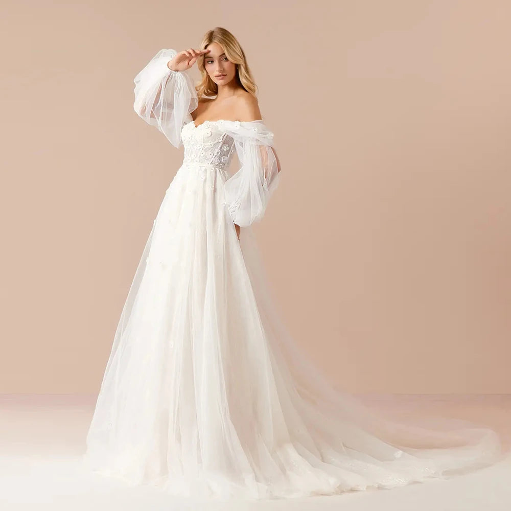 Modern Strapless Ivory Wedding Dress with Lace Off-Shoulder Sleeves and Soft Tulle Court Train - HER SHOP