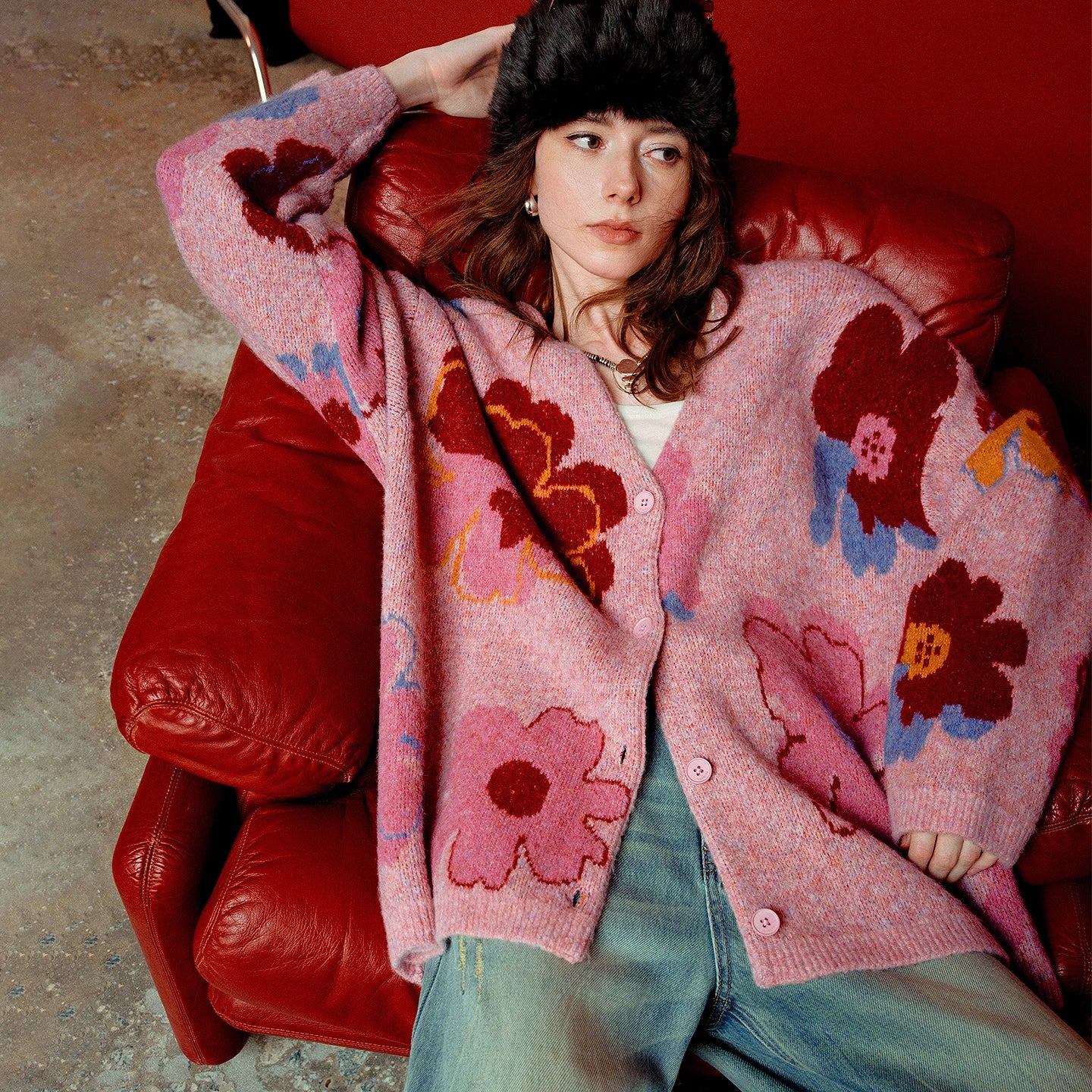 Women’s Floral Jacquard Knit Cardigan Coat – V-Neck Button Front Office-Style Jacket for Spring & Fall