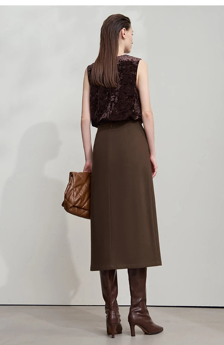 Minimalist Women's Brown Midi Skirt  |  2025 Autumn Retro Brushed Twill Side Slit Office Lady Skirt