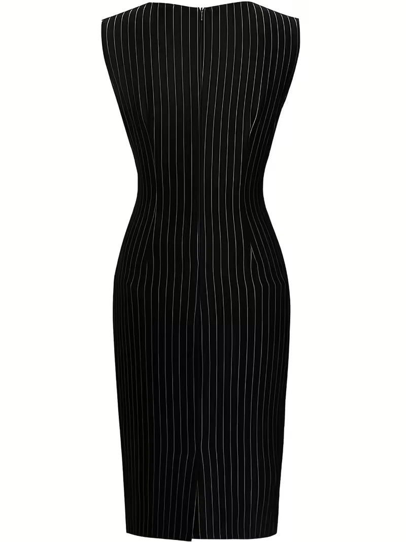 Women's Elegant Black Sleeveless Waist Tie Dress â€“ Business Casual Knee-Length Workwear Dress