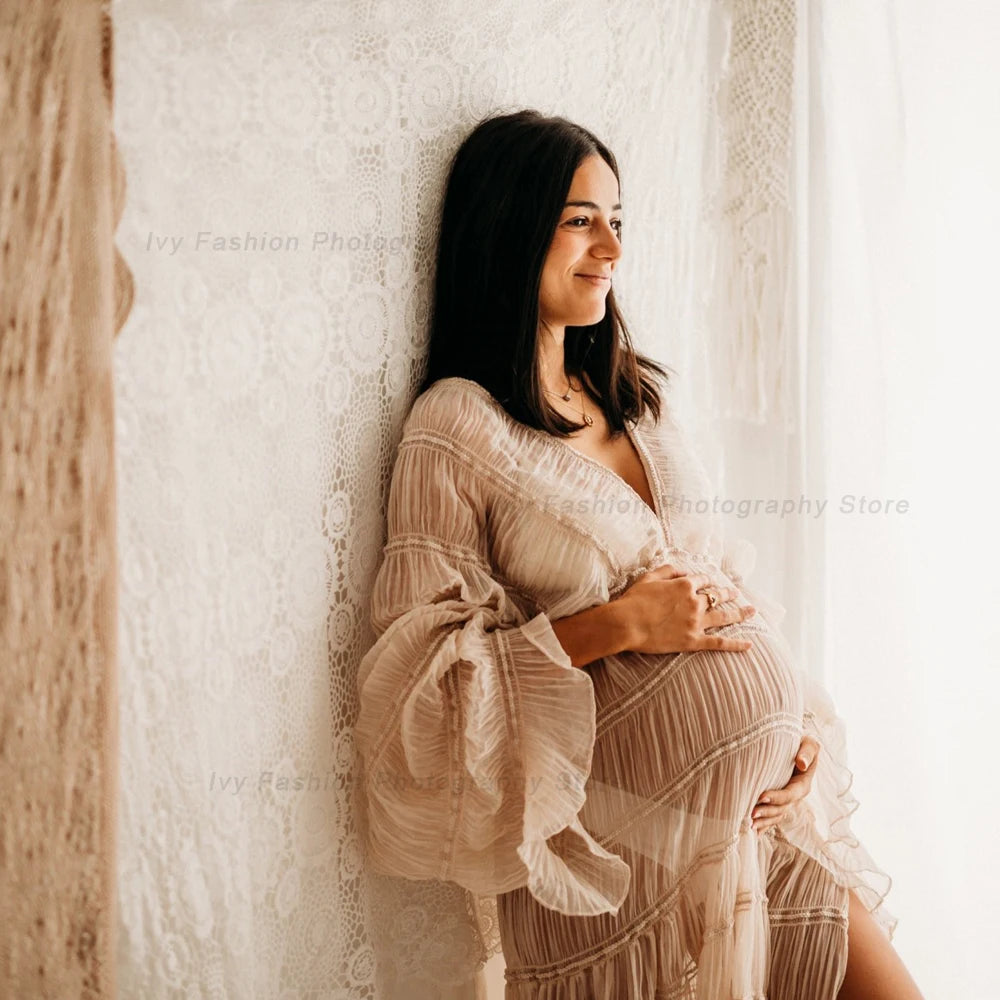 Bohemian V-Neck Long Sleeve Maternity Photography Dress â€“ Pleated Chiffon Pregnancy Photoshoot Gown