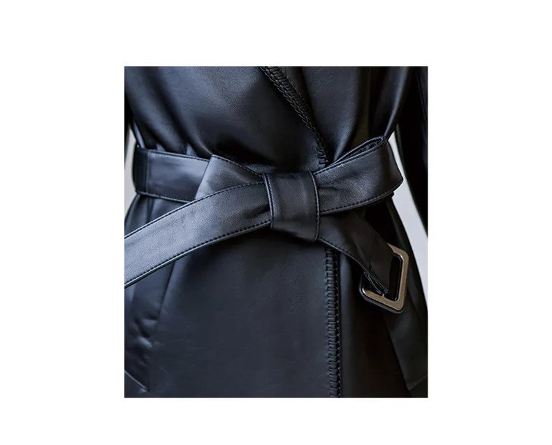 Women's Genuine Leather Trench Coat Lace-Up Long Slim Fit Spring Autumn Sheepskin Top