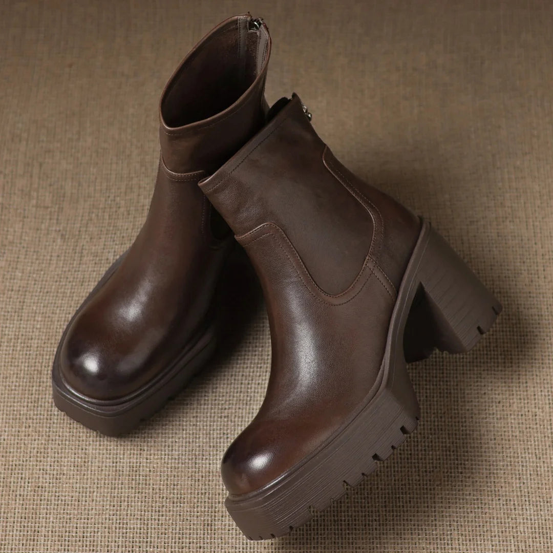 Women’s Genuine Leather Platform Ankle Boots with Chunky Heel – Round Toe Back Zip Punk Booties (8.5cm)