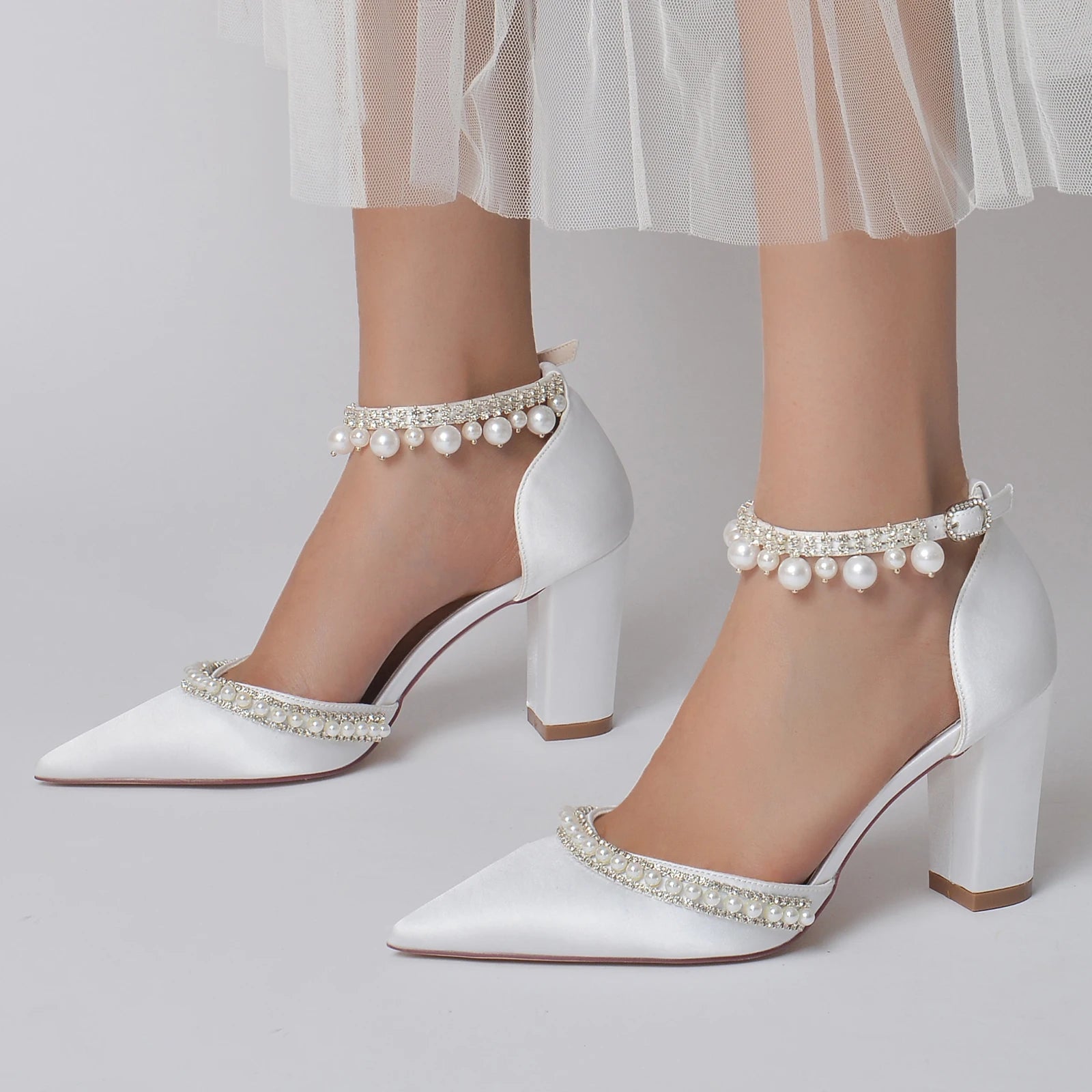Elegant Satin Evening Pumps with Thick Block Heel, Pearls & Ankle Strap – Bridal, Prom, Party Shoes - HER SHOP
