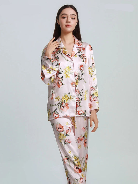 100% Real Silk Women’s Pajama Set – Printed Long-Sleeve Summer Home Suit - HER SHOP