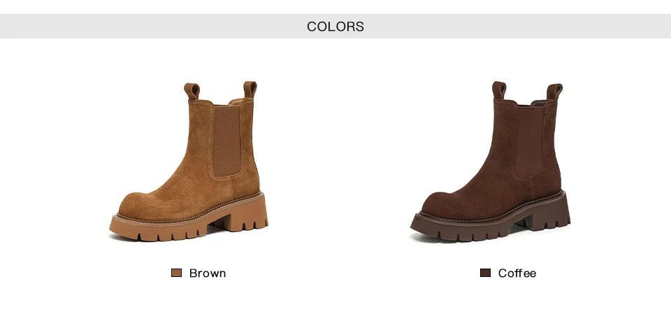 Women’s Cow Suede Platform Chelsea Ankle Boots – Round Toe with Elastic Band and Stitching Design