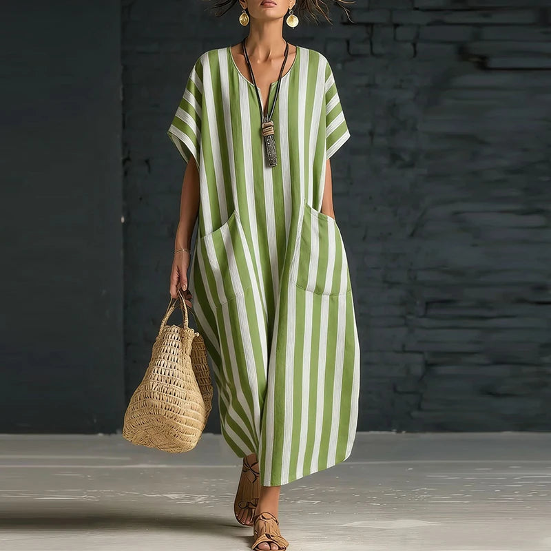 Women's Striped Boho Maxi Dress – Casual V-Neck Summer Beach Dress with Pockets