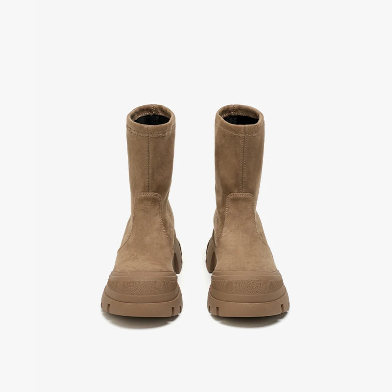 Women’s Stretch Fabric Sock Boots – Handmade Round Toe Slip-On Platform Boots in Solid Color