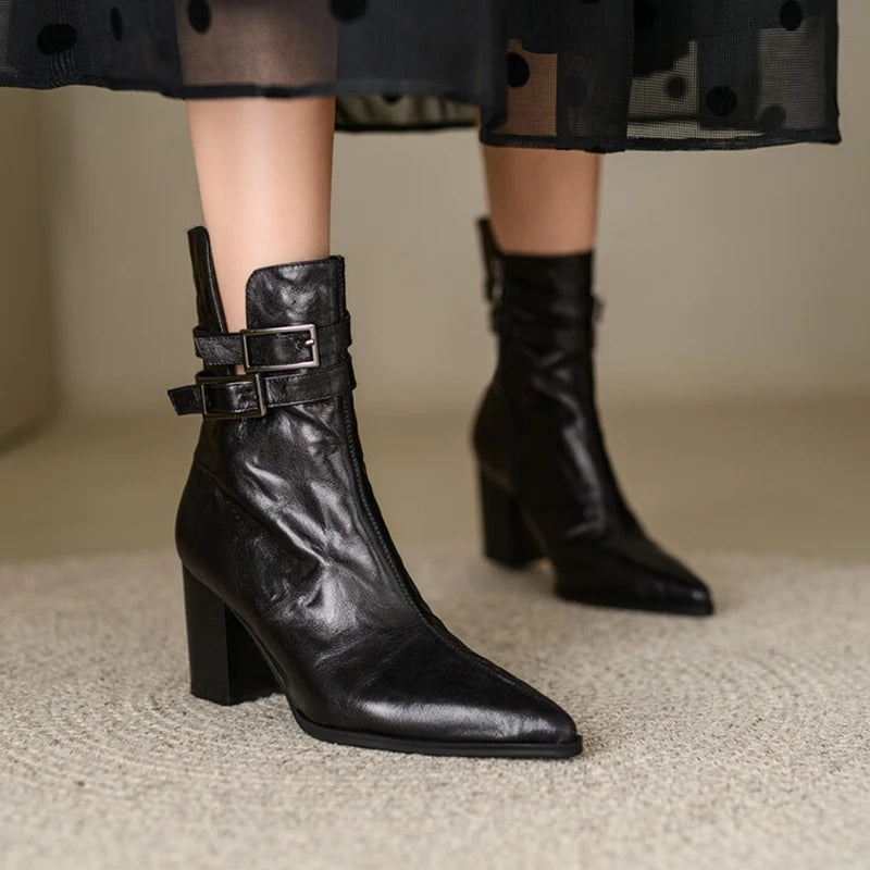 NEW Autumn Women Boots Pointed Toe Chunky Heel Boots Split Leather Shoes for Women Short Modern Boots Winter Belt Buckle Boots - HER SHOP