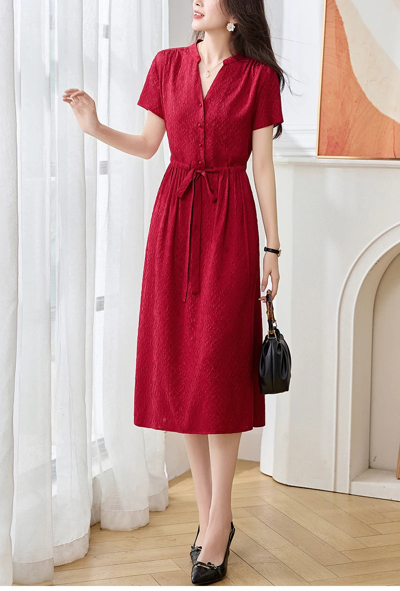 19 Momme Real Silk Elegant Fashion Dresses For Women 2026 Summer V-neck Short Sleeve Drawstring Office Lady Long Dress A-line
