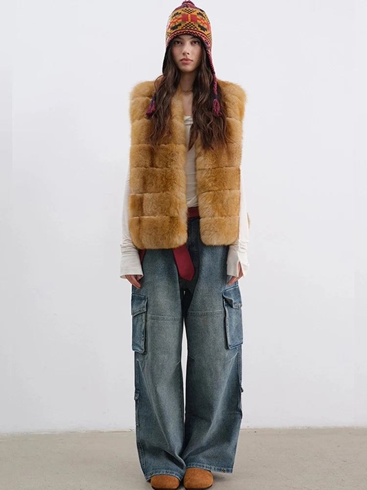 Women’s Luxury Natural Fox Fur Vest – Thick Real Fur Waistcoat for Autumn & Winter, Warm Elegant Outerwear