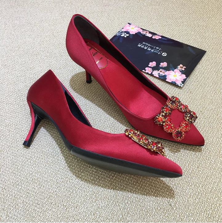 Deluxe Silk High Heel Wedding Shoes - Diamond Buckle, Pointed Toe, Star Style for Women
