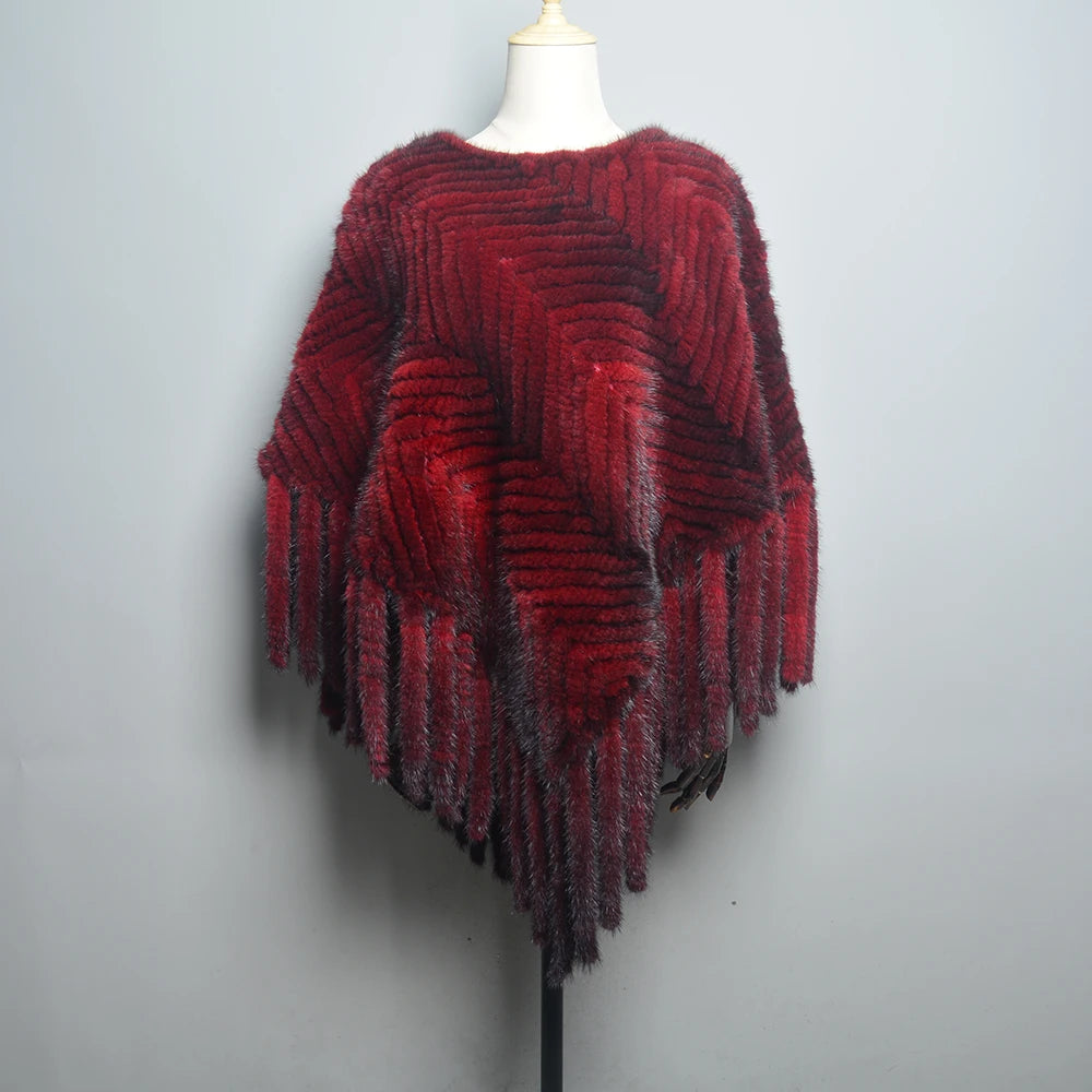 2024 Hot Sale Women Real Fur Poncho Black Brown Knitted Natural Mink Fur Scarves Shawl Lady Fashion 100% Genuine Mink Fur Shawls