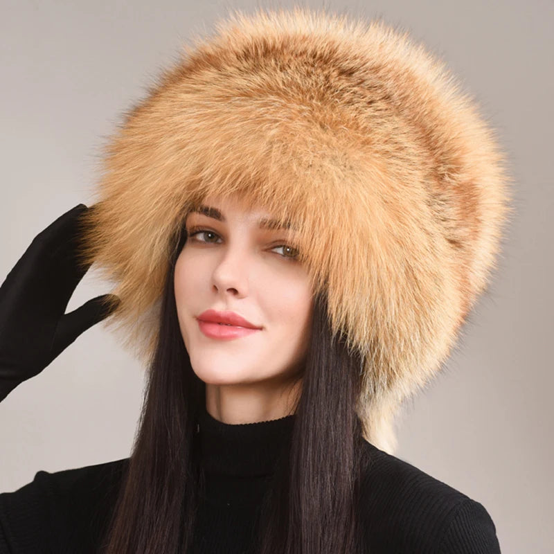 Women's Winter Bomber Hat – Genuine Natural Fox Fur Cap for Outdoor Warmth and Fashion