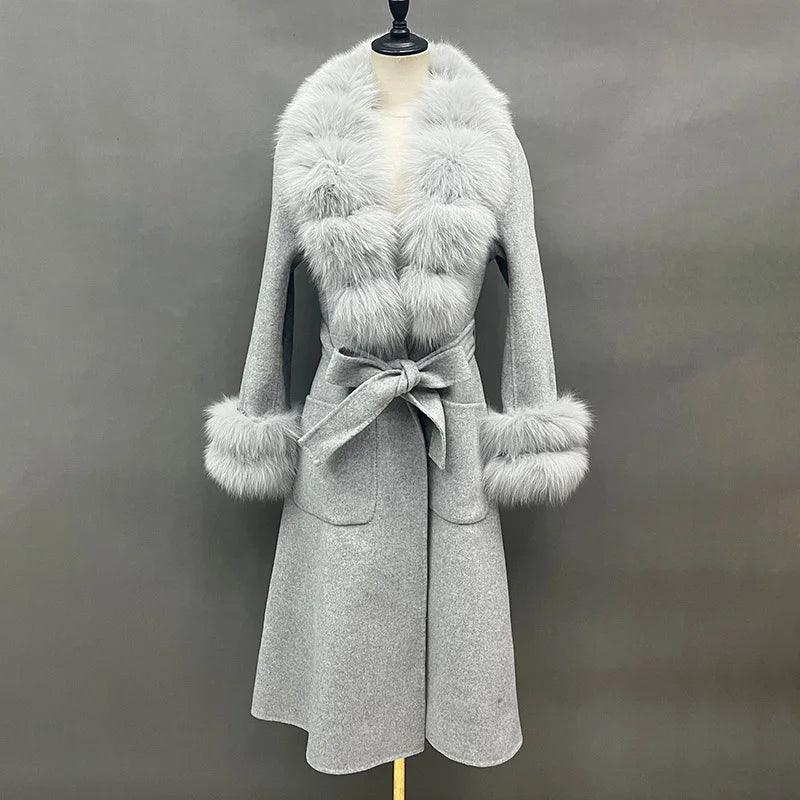 Women's Luxury Long Wool Coat with Detachable Fox Fur Collar – Winter & Autumn Trench Outerwear