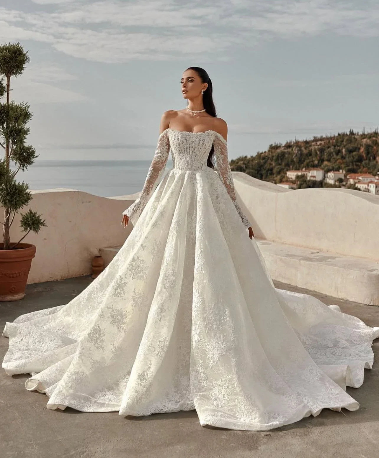 lace long sleeve off shoulder wedding dress Customized Lace Wedding Dress Long Sleeve Off-Shoulder Princess Ball Gown Bridal Gown Ivory / 8